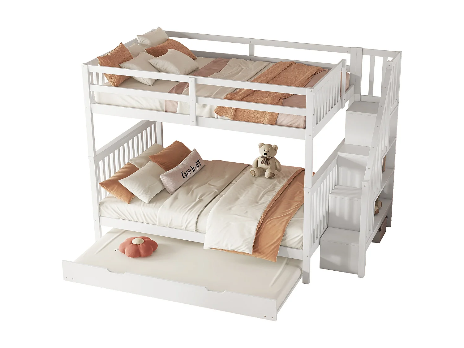 Etagenbetten 2 x 140 x 200 cm mit Ausziehbett 90 x 190 cm – Treppenregal – MDF-Holz – Weiß