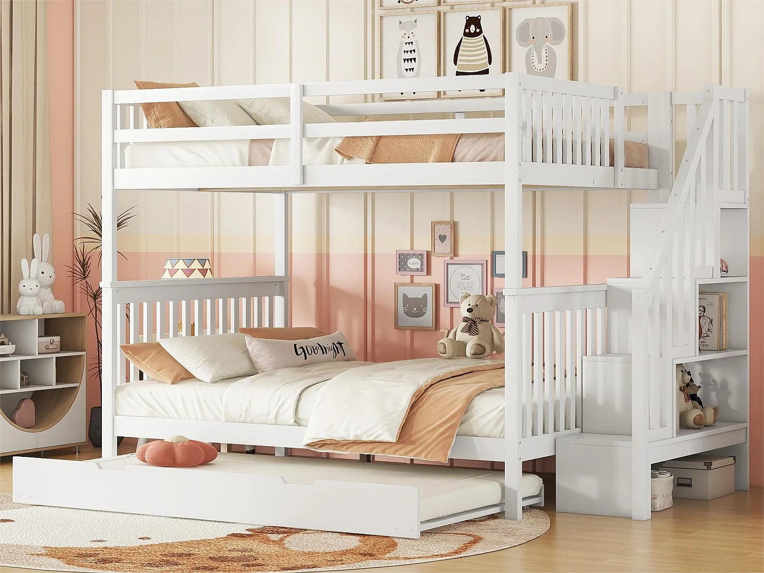 Lits superposés 2 x 140 x 200 cm avec lit gigogne 90 x 190cm - étagère d'escalier - bois MDF - Blanc