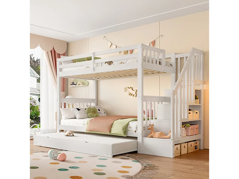 Stapelbed 2 x 90 x 200 cm met uitschuifbed 90 x 190 cm - trapplank - MDF hout - Wit