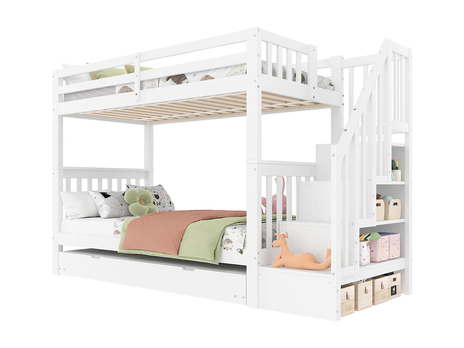 Etagenbetten 2 x 90 x 200 cm mit Ausziehbett 90 x 190 cm - Treppenregal - MDF-Holz - Weiß