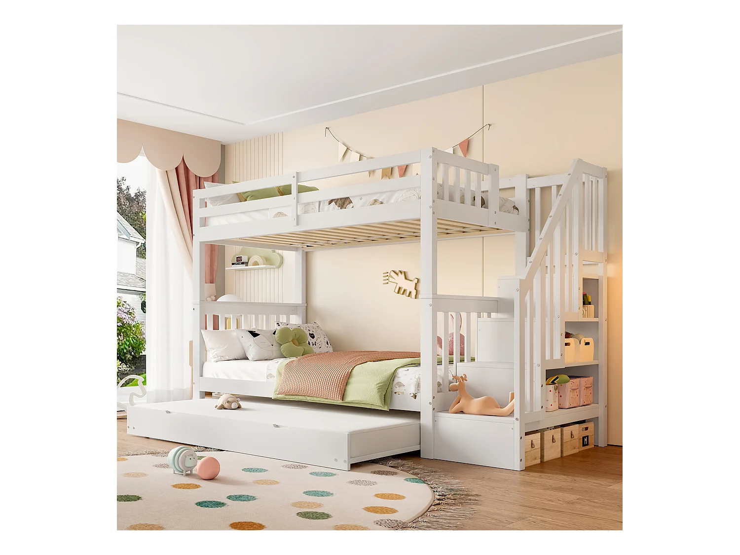 Lits superposés 2 x 90 x 200 cm avec lit gigogne 90 x 190cm - étagère d'escalier - bois MDF - Blanc
