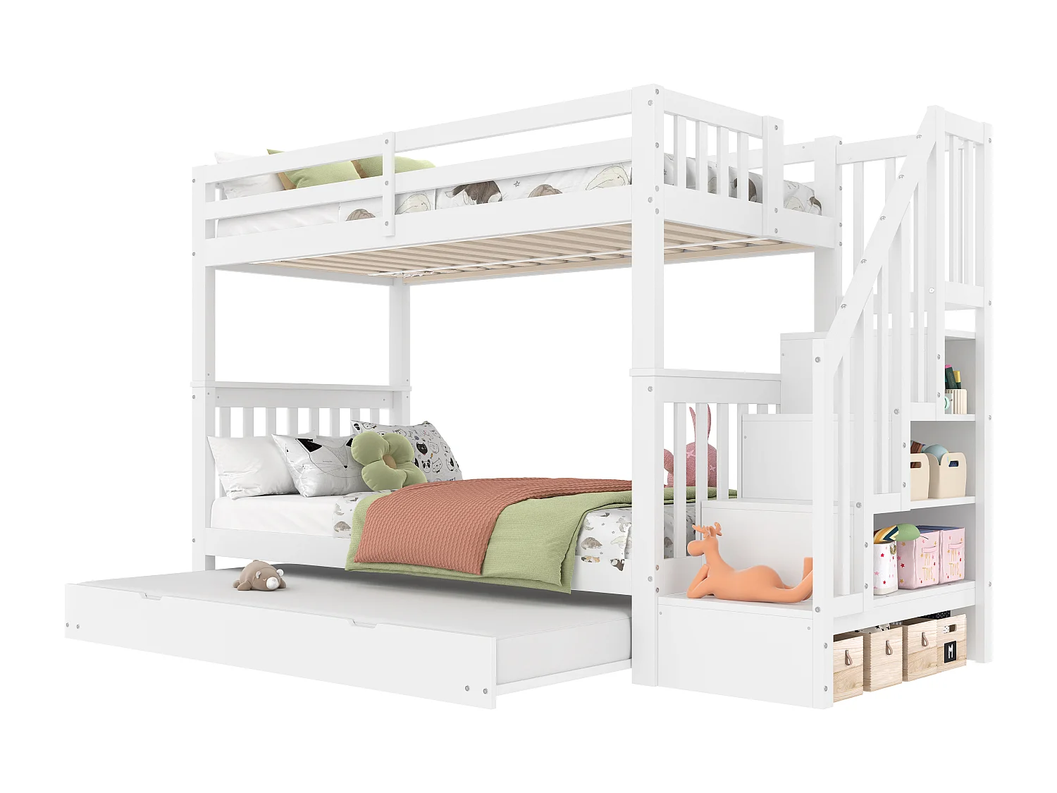 Lits superposés 2 x 90 x 200 cm avec lit gigogne 90 x 190cm - étagère d'escalier - bois MDF - Blanc