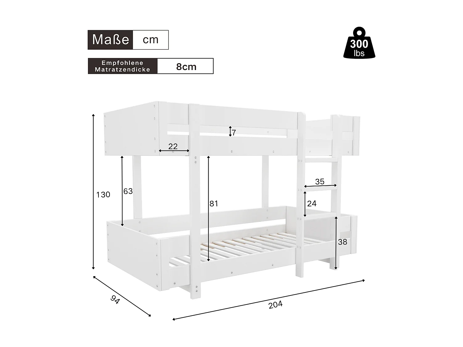 Lits superposés 2 x 90 x 200 cm - design simple - balustrade renforcée - bois massif - blanc