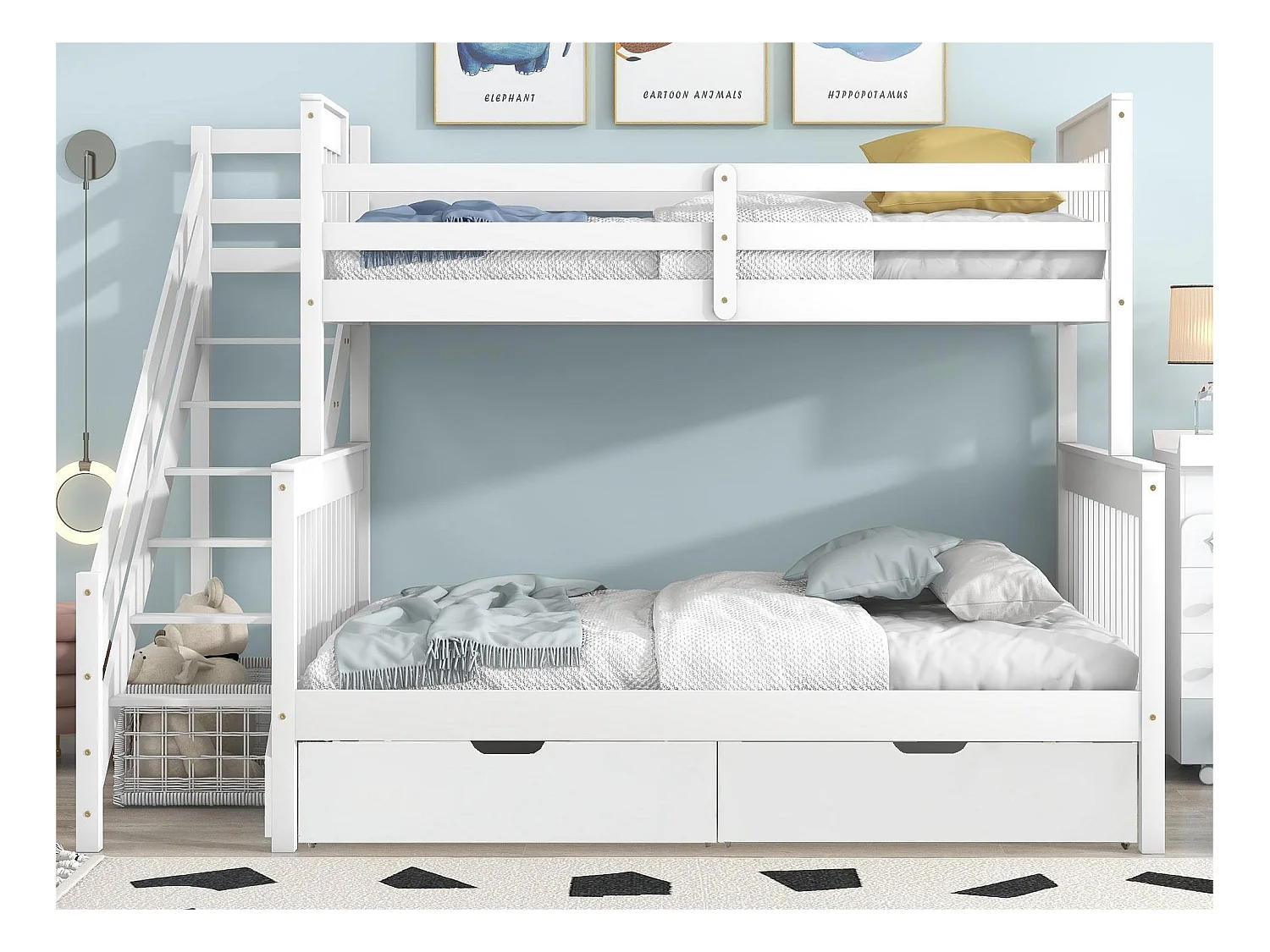 Stapelbedden 140 x 200 cm + 90 x 200 cm - 2 lades en trapplanken - grenen frame - wit