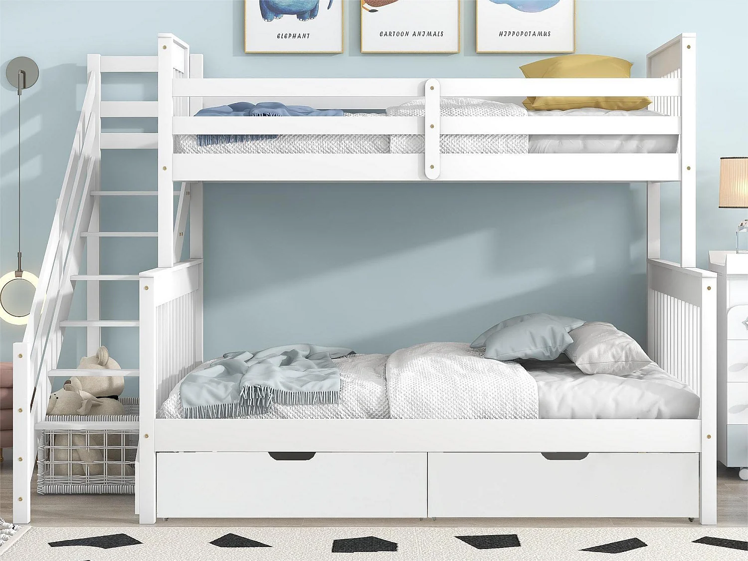 Stapelbedden 140 x 200 cm + 90 x 200 cm - 2 lades en trapplanken - grenen frame - wit