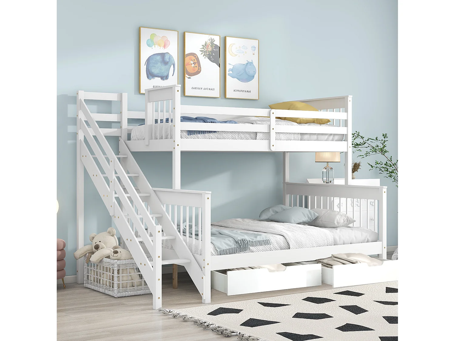 Stapelbedden 140 x 200 cm + 90 x 200 cm - 2 lades en trapplanken - grenen frame - wit