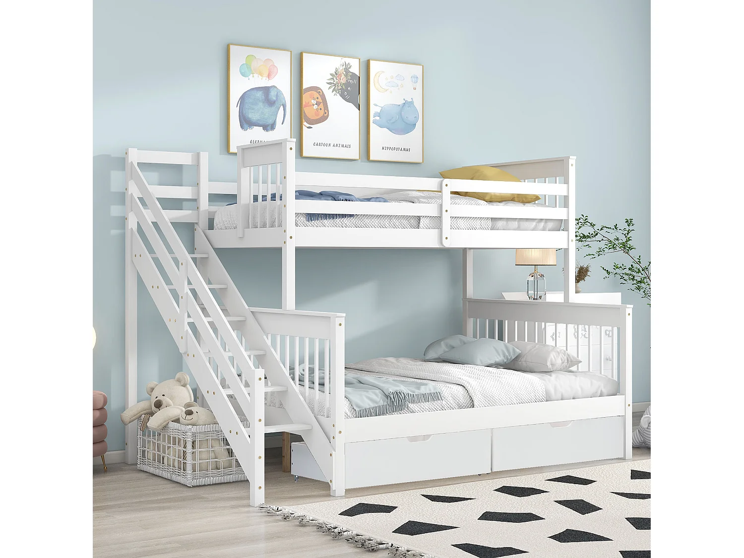 Stapelbedden 140 x 200 cm + 90 x 200 cm - 2 lades en trapplanken - grenen frame - wit