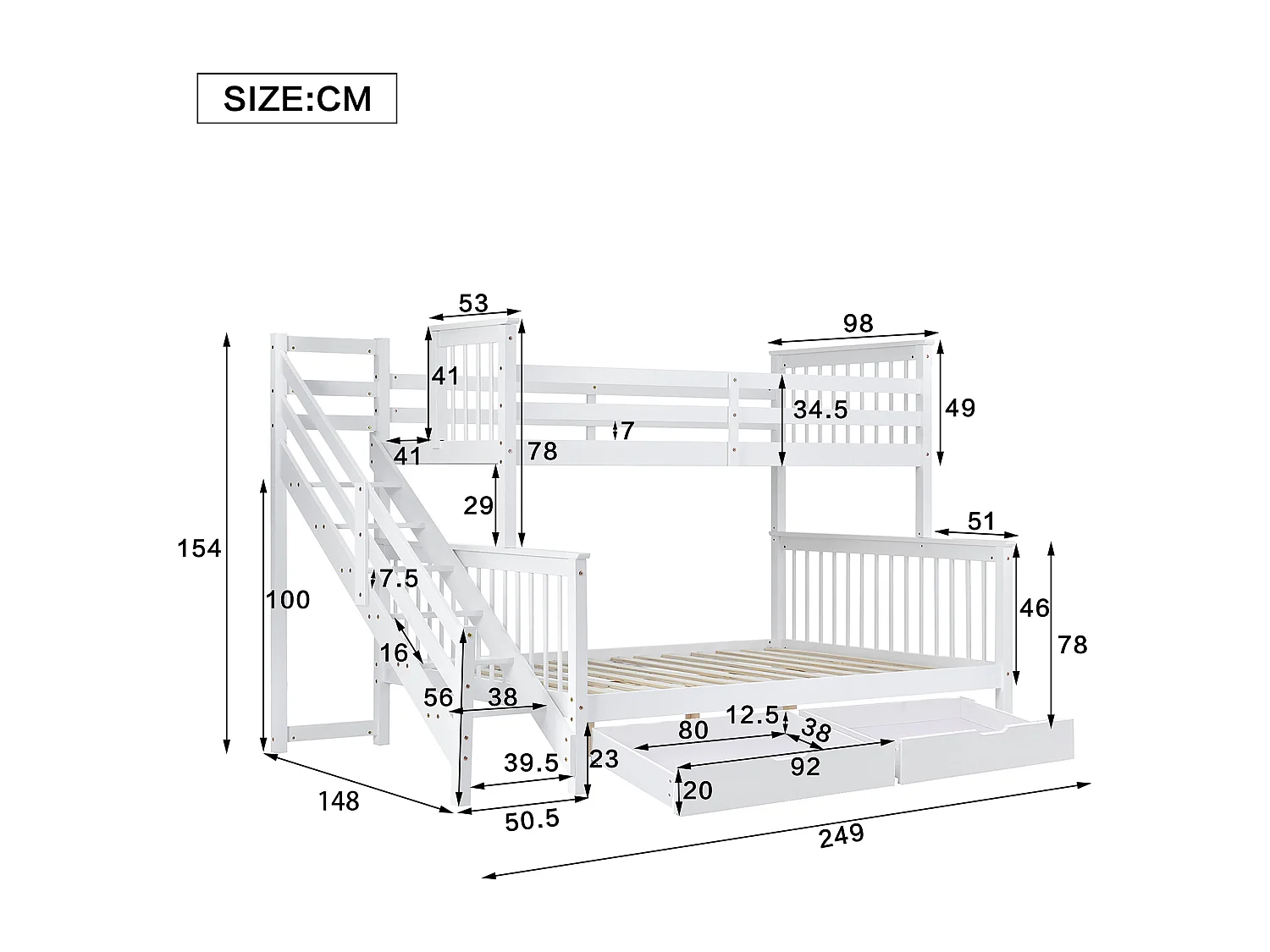 Stapelbedden 140 x 200 cm + 90 x 200 cm - 2 lades en trapplanken - grenen frame - wit
