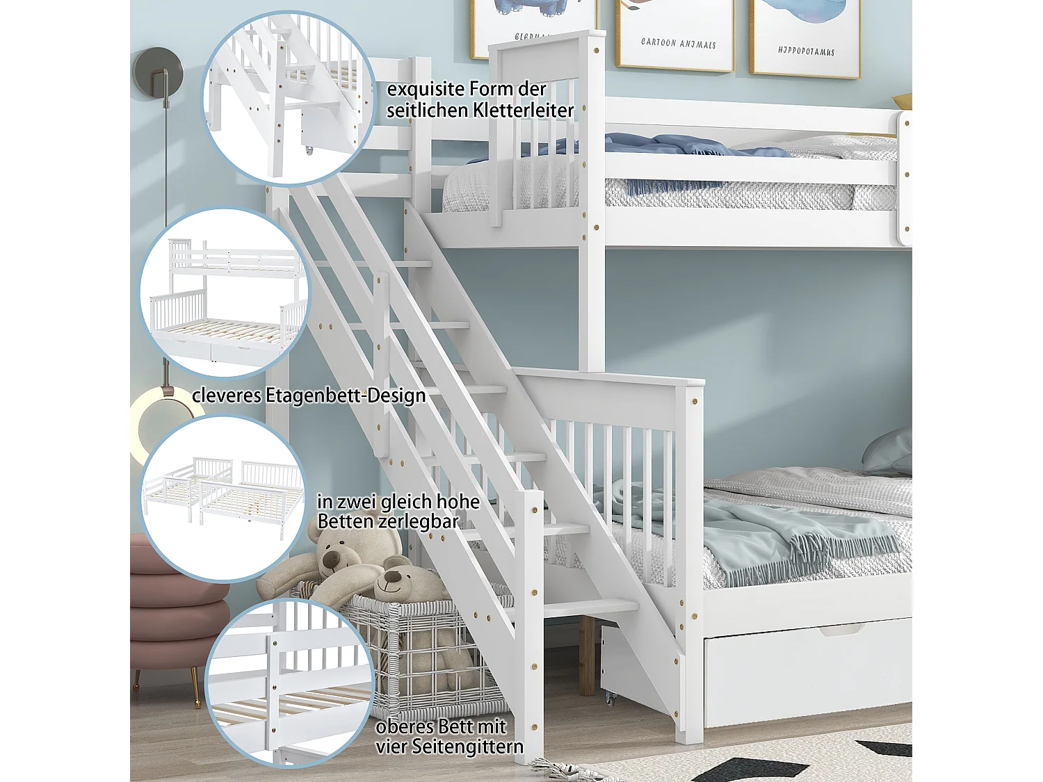 Stapelbedden 140 x 200 cm + 90 x 200 cm - 2 lades en trapplanken - grenen frame - wit
