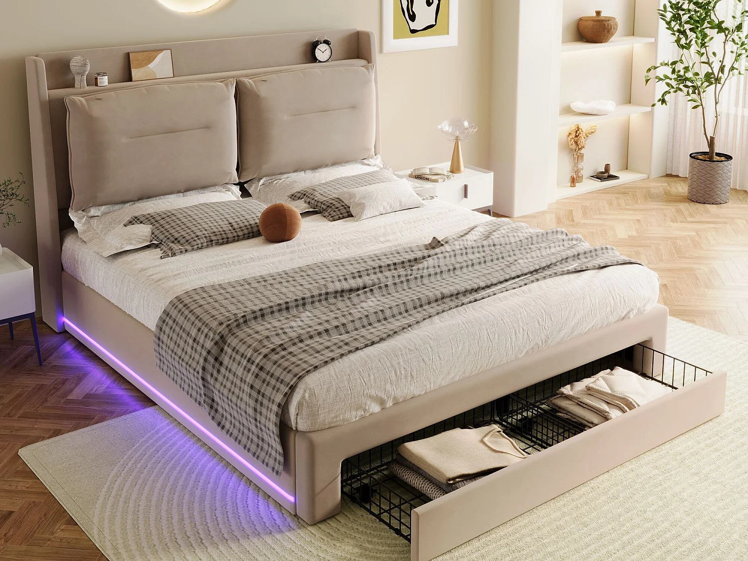 Opbergbed 140 x 200 cm met lade en plank - LED's - Fluwelen stof - Beige