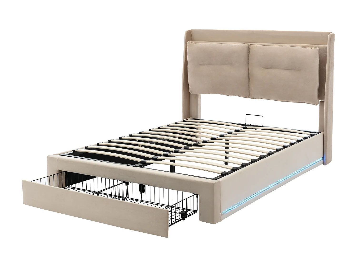 Opbergbed 140 x 200 cm met lade en plank - LED's - Fluwelen stof - Beige