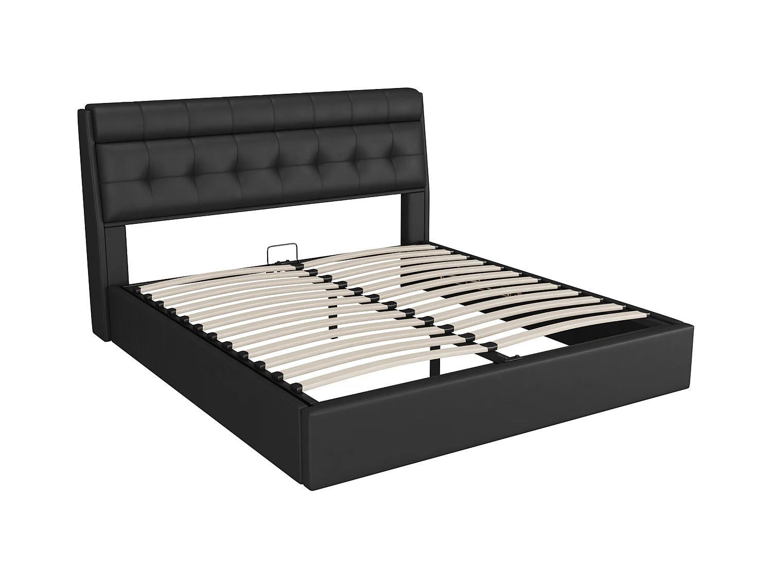 Lit coffre élégant 140 x 200 cm - étagère tête de lit dissimulée - similicuiir - sommier à lattes - noir