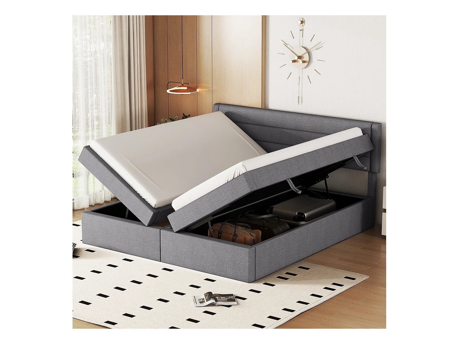 Lit coffre 180 x 200 cm avec rangement - tissu en lin - ouverture bilatérale - désign simple - gris