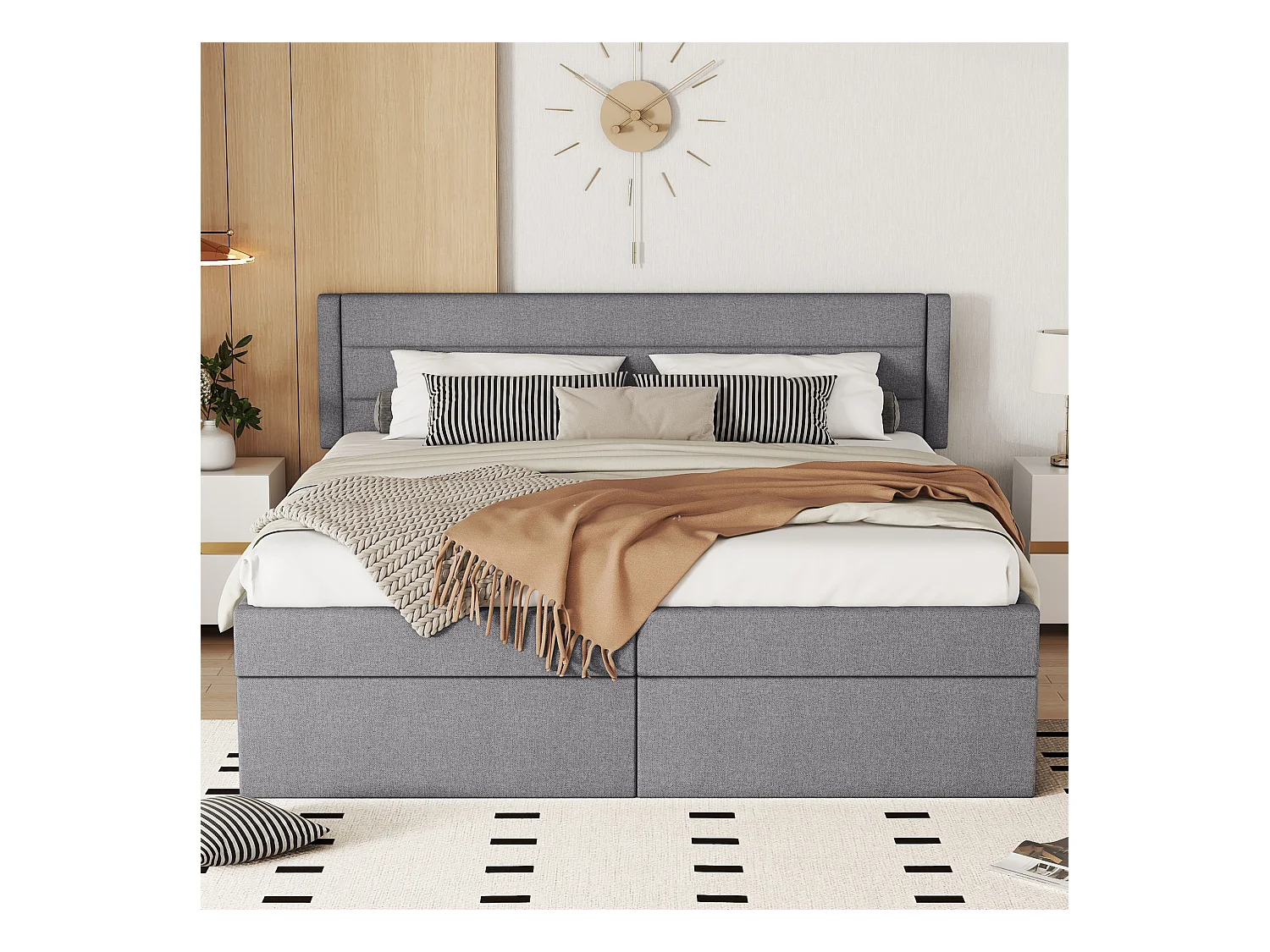 Lit coffre 180 x 200 cm avec rangement - tissu en lin - ouverture bilatérale - désign simple - gris