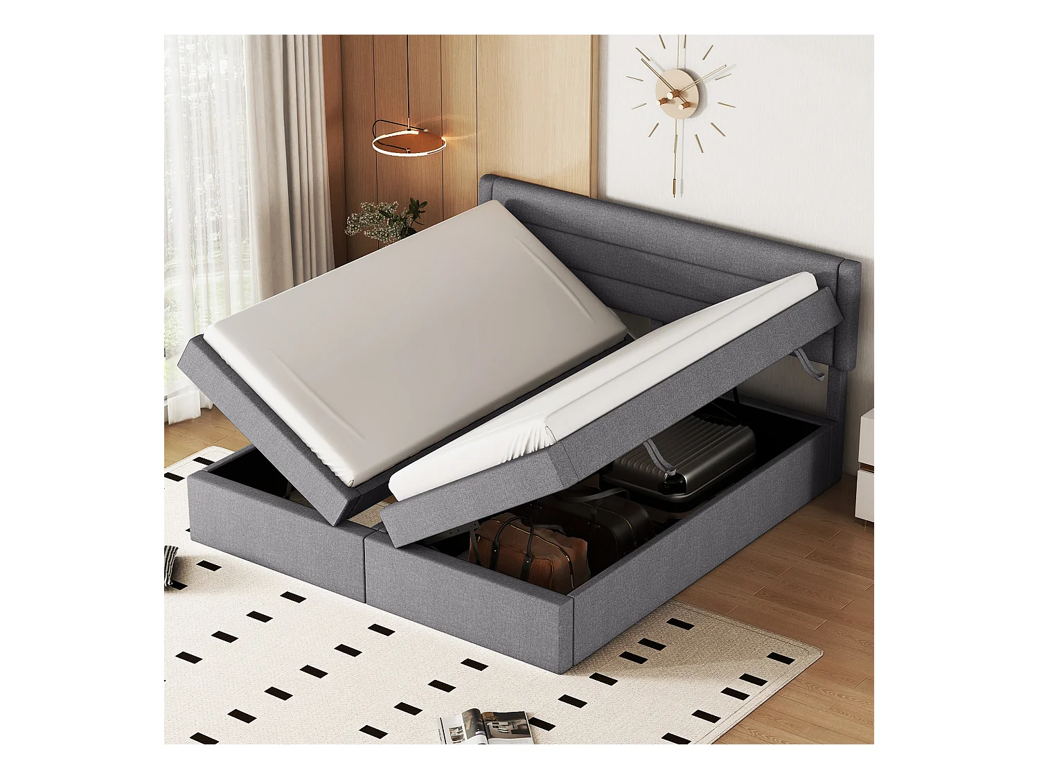 Lit coffre 180 x 200 cm avec rangement - tissu en lin - ouverture bilatérale - désign simple - gris