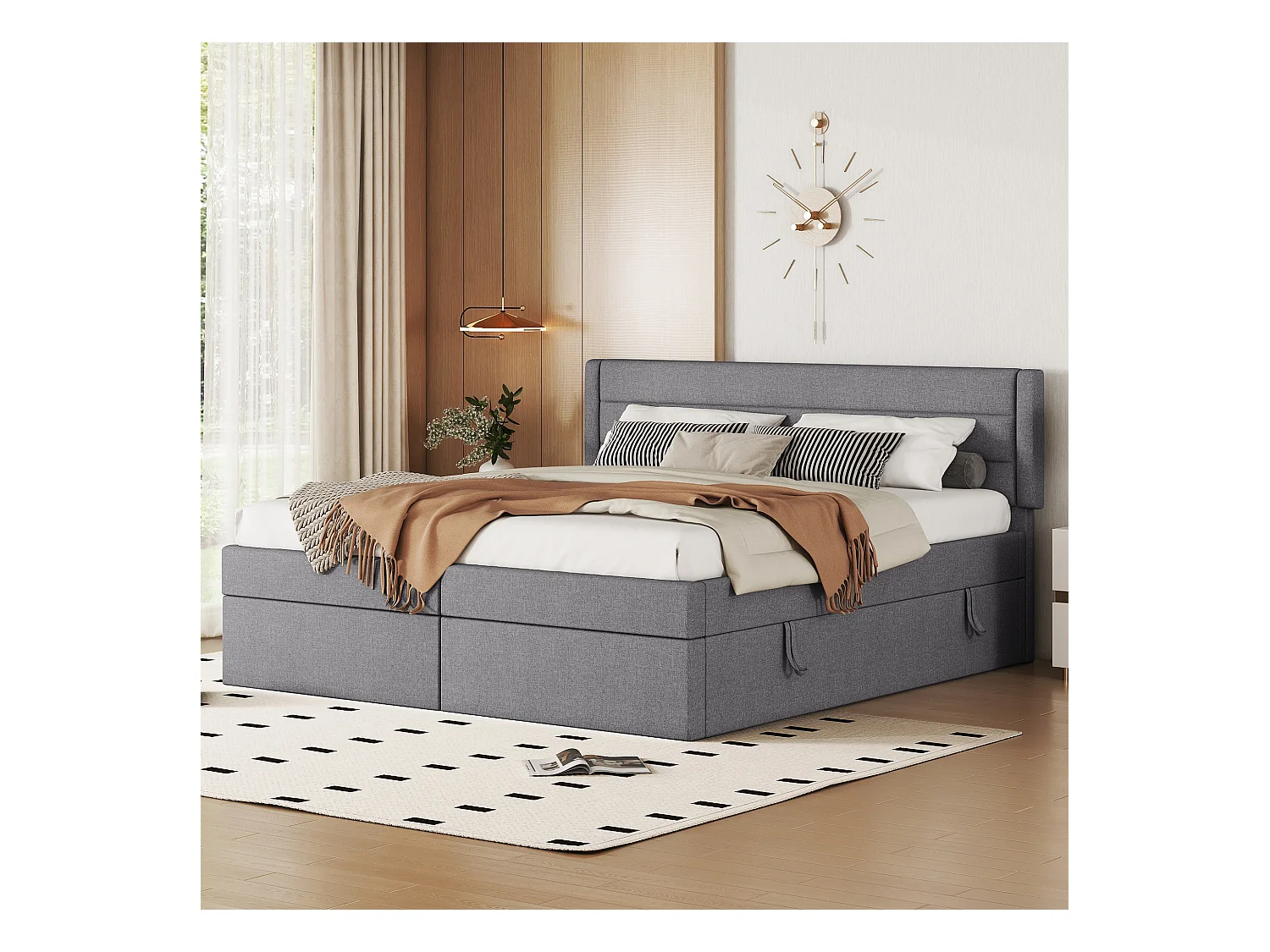 Lit coffre 180 x 200 cm avec rangement - tissu en lin - ouverture bilatérale - désign simple - gris
