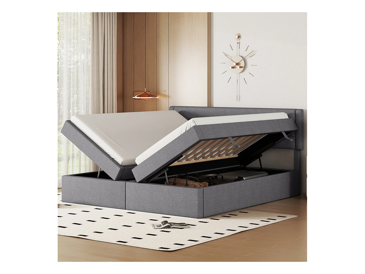 Lit coffre 180 x 200 cm avec rangement - tissu en lin - ouverture bilatérale - désign simple - gris