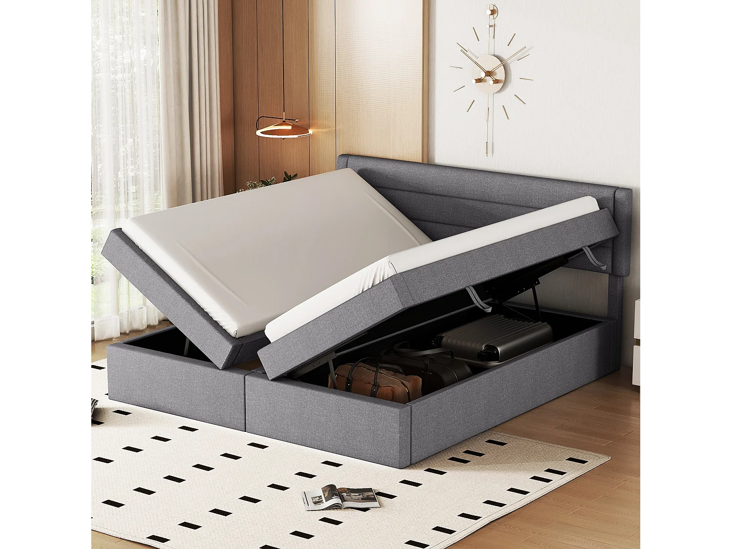 Lit coffre 180 x 200 cm avec rangement - tissu en lin - ouverture bilatérale - désign simple - gris