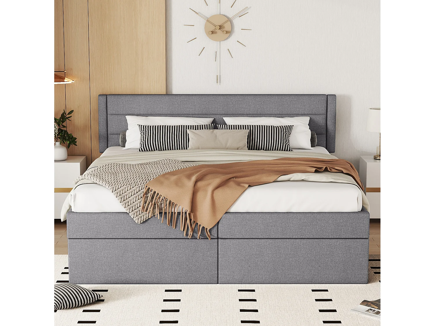 Lit coffre 180 x 200 cm avec rangement - tissu en lin - ouverture bilatérale - désign simple - gris