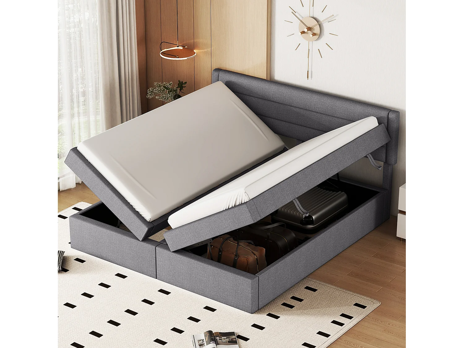 Lit coffre 180 x 200 cm avec rangement - tissu en lin - ouverture bilatérale - désign simple - gris