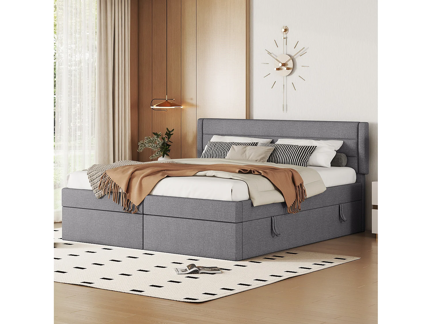 Lit coffre 180 x 200 cm avec rangement - tissu en lin - ouverture bilatérale - désign simple - gris