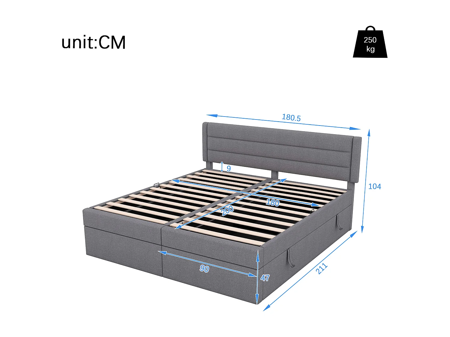 Lit coffre 180 x 200 cm avec rangement - tissu en lin - ouverture bilatérale - désign simple - gris