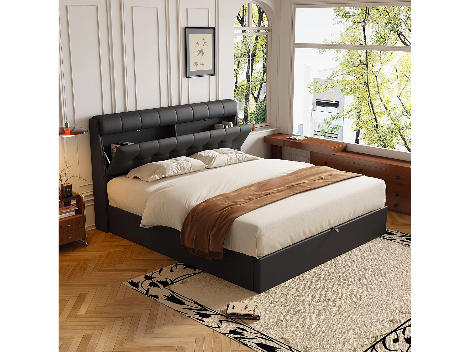 Elegantes Stauraumbett 140 x 190 cm - verdeckte Kopfteilablage - Kunstleder - Lattenrost - Schwarz