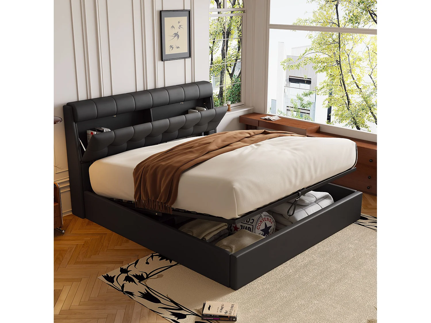 Elegantes Stauraumbett 140 x 190 cm - verdeckte Kopfteilablage - Kunstleder - Lattenrost - Schwarz