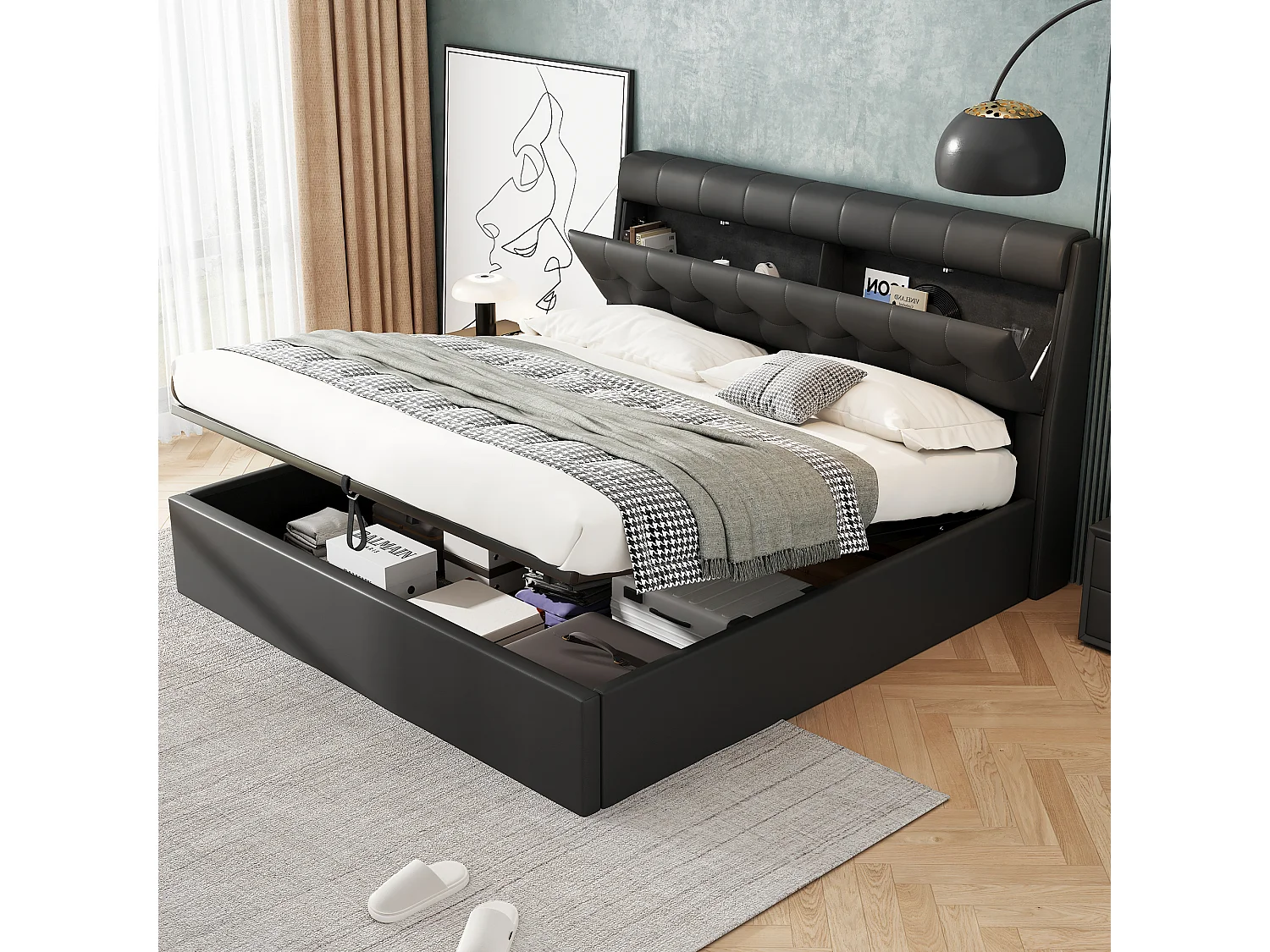 Elegantes Stauraumbett 140 x 190 cm - verdeckte Kopfteilablage - Kunstleder - Lattenrost - Schwarz