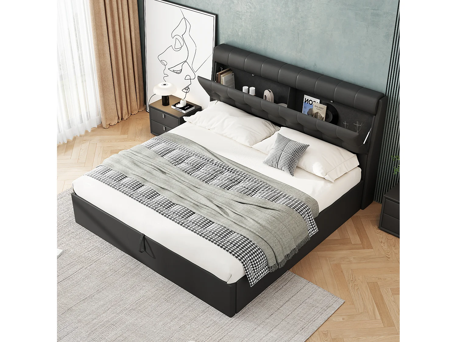 Elegantes Stauraumbett 140 x 190 cm - verdeckte Kopfteilablage - Kunstleder - Lattenrost - Schwarz