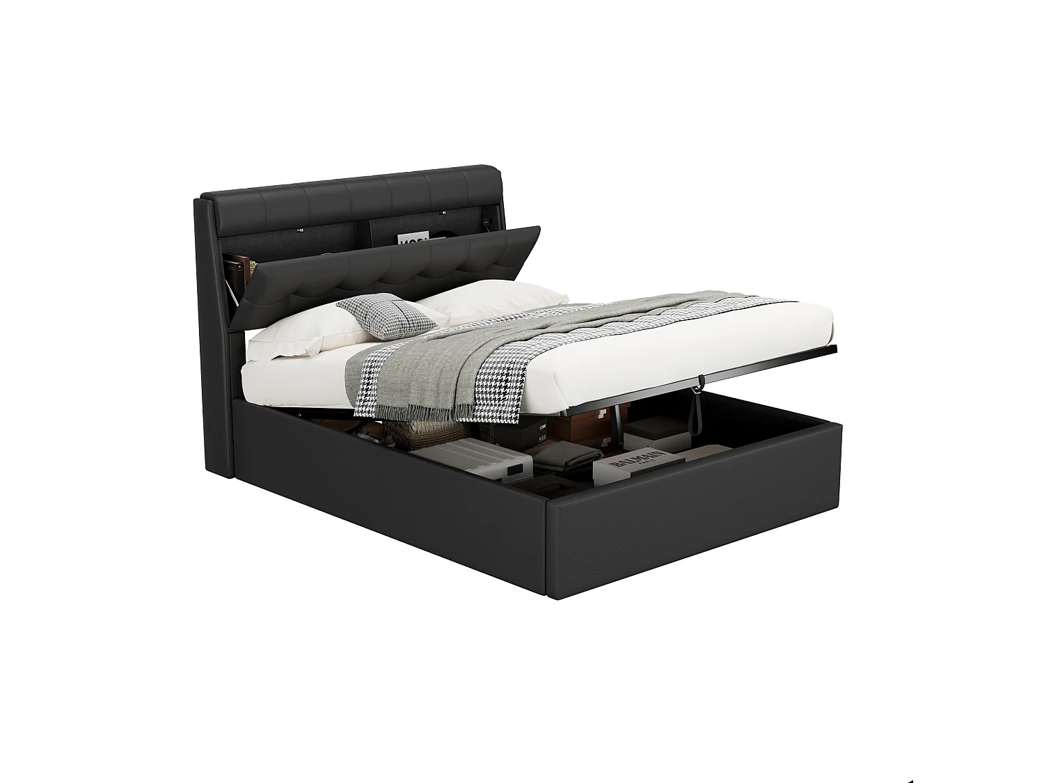 Elegantes Stauraumbett 140 x 190 cm - verdeckte Kopfteilablage - Kunstleder - Lattenrost - Schwarz