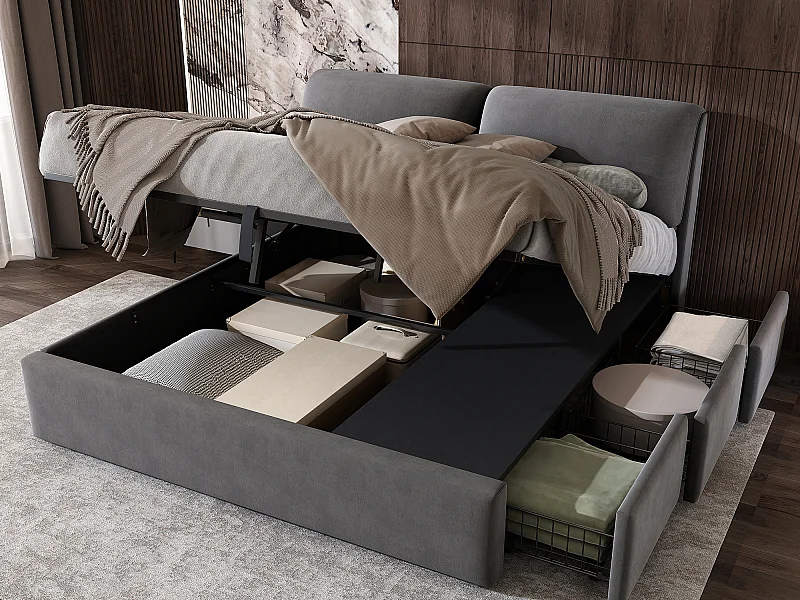 Bett mit Stauraum 180 x 200 cm für Erwachsene mit 3 Schubladen – Samtstoff – Boxspring inklusive – Grau