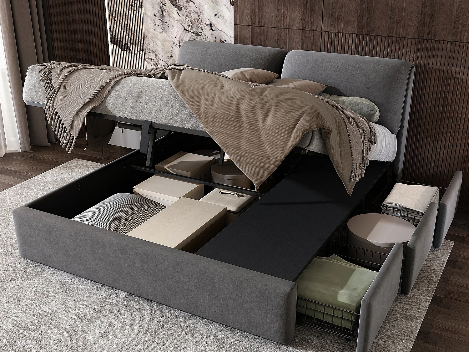 Bett mit Stauraum 180 x 200 cm für Erwachsene mit 3 Schubladen – Samtstoff – Boxspring inklusive – Grau