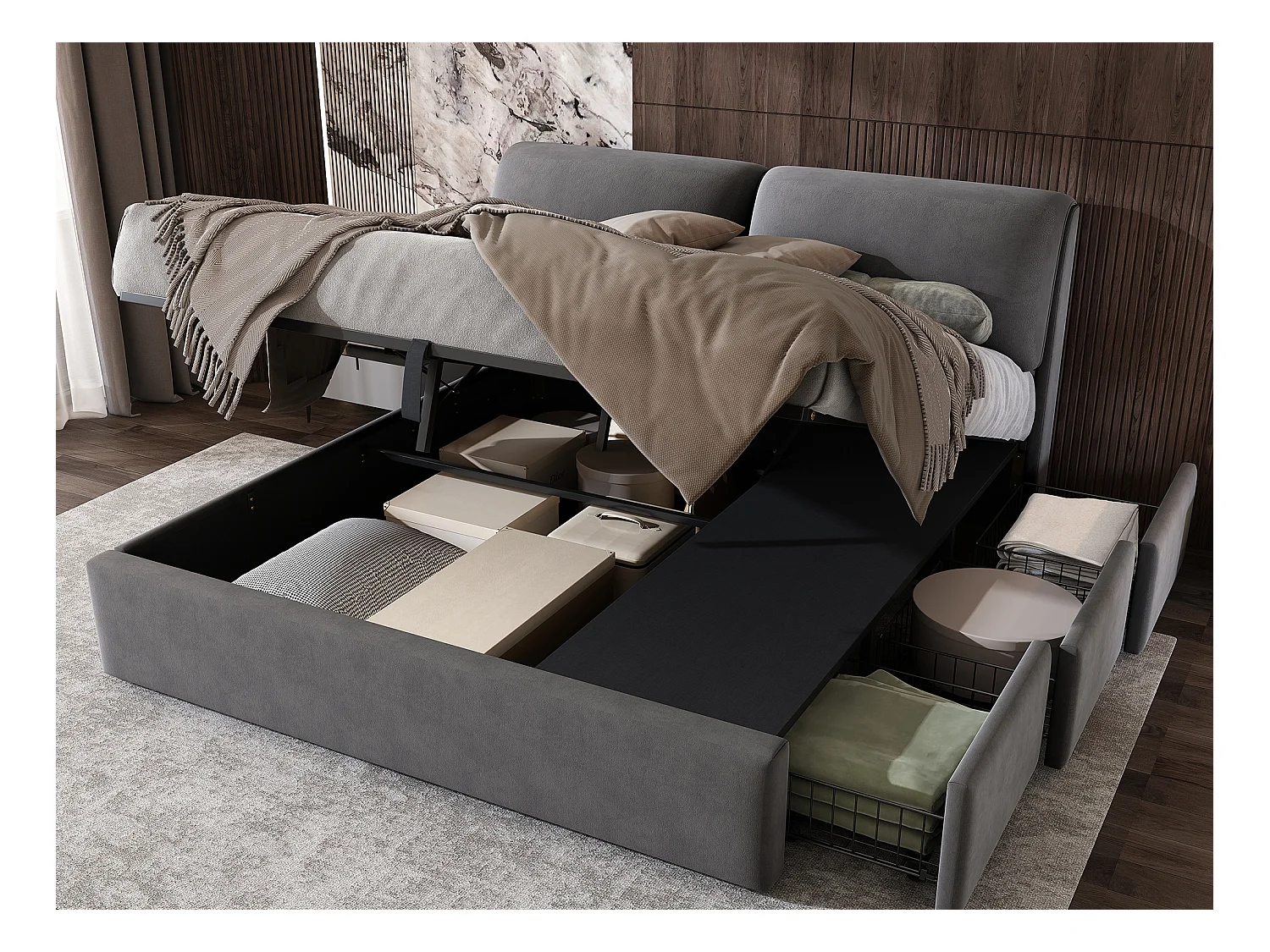 Lit coffre 180 x 200 cm pour adulte avec 3 triroirs - tissu en velours - sommier inclus - gris
