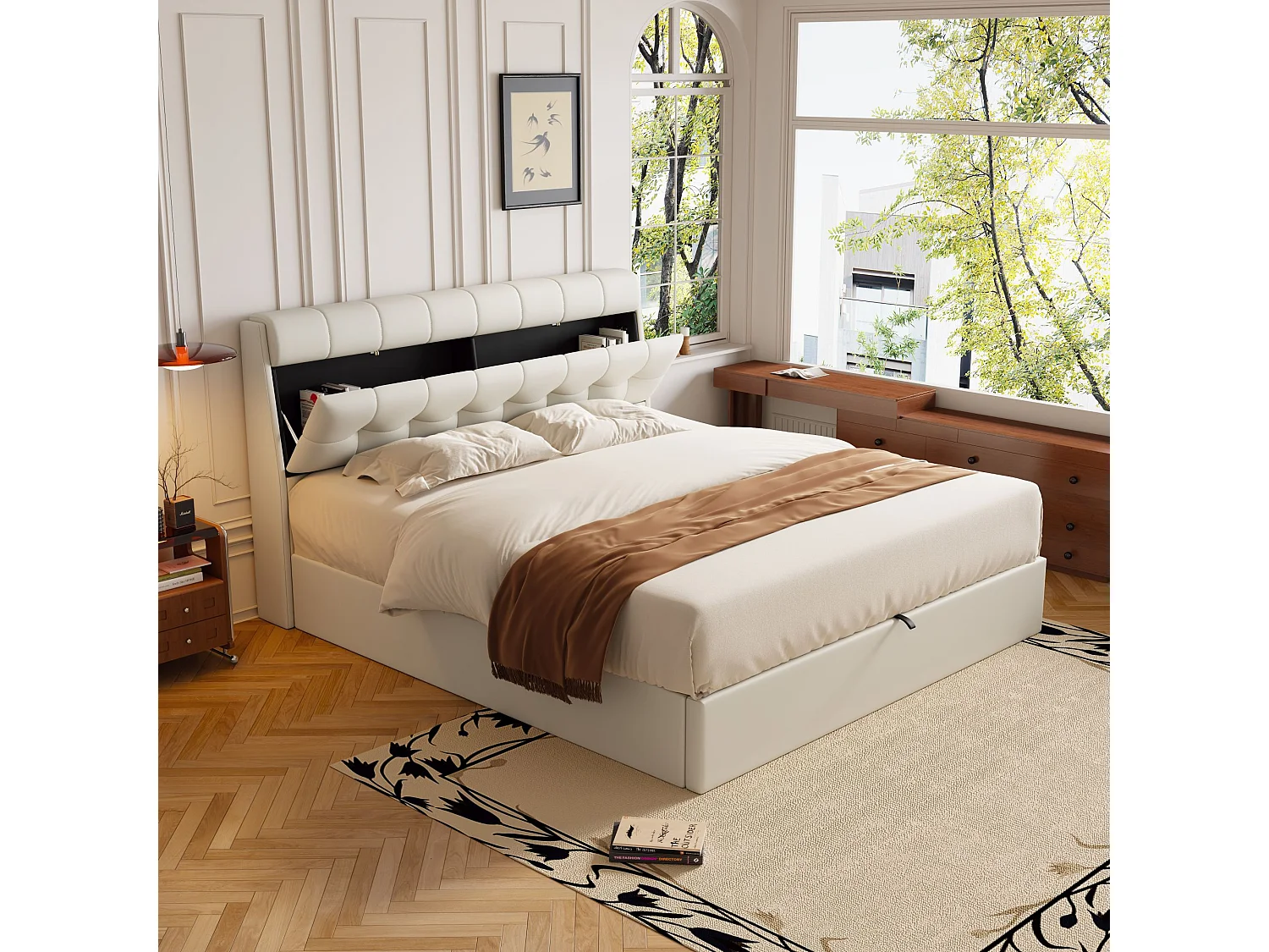 Elegant opbergbed 140 x 200 cm - verborgen hoofdeindeplank - kunstleer - lattenbodem - wit