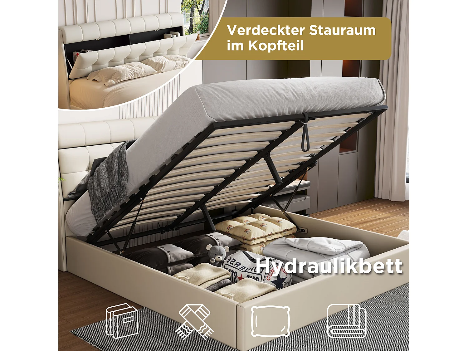 Elegant opbergbed 140 x 200 cm - verborgen hoofdeindeplank - kunstleer - lattenbodem - wit