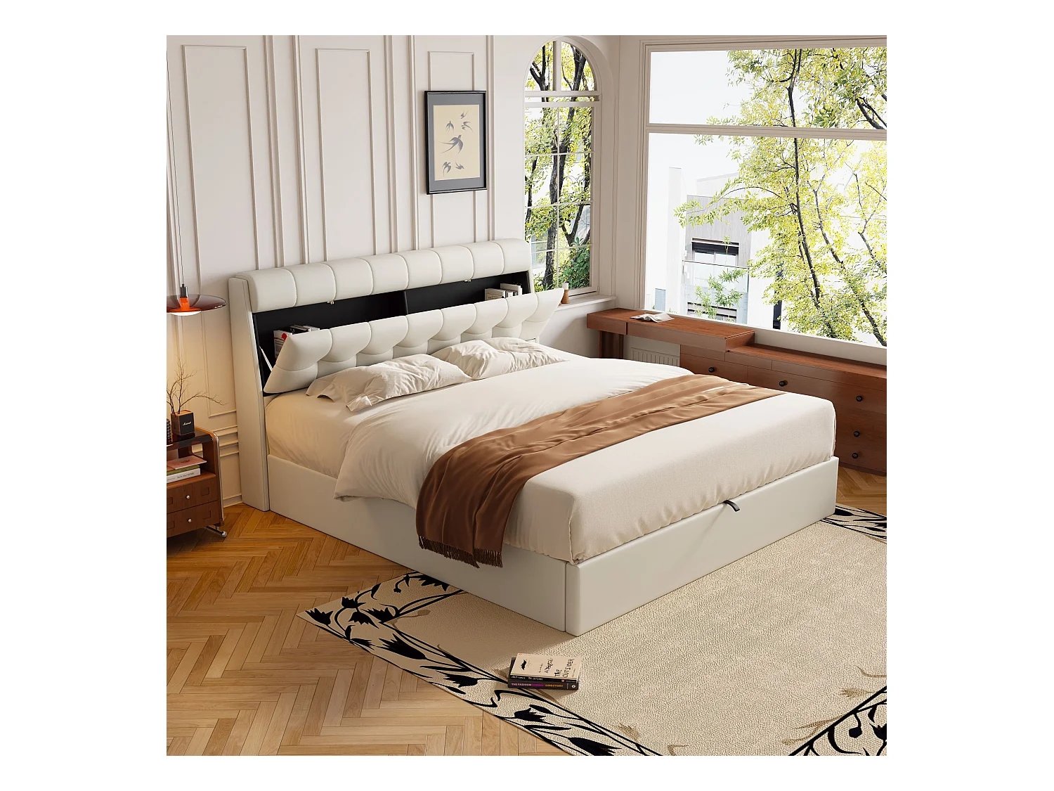 Elegant opbergbed 140 x 200 cm - verborgen hoofdeindeplank - kunstleer - lattenbodem - wit