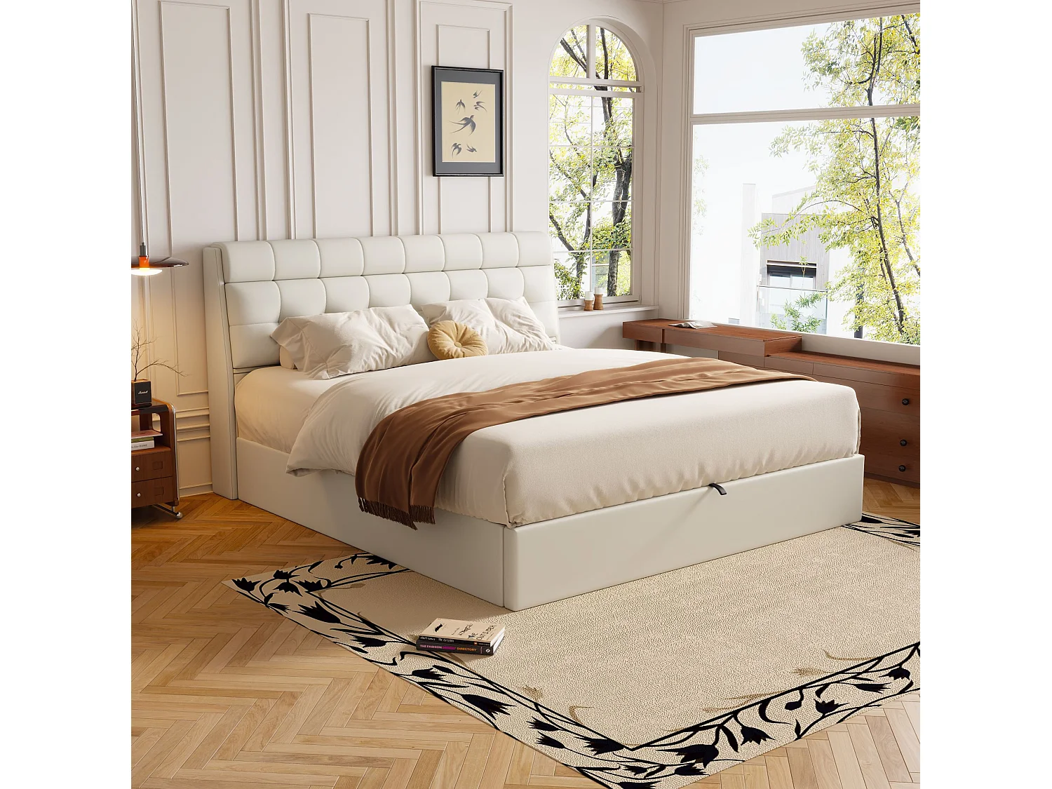 Cama de arrumação elegante 140 x 200 cm - prateleira oculta na cabeceira - imitação de couro - base de ripas - branco