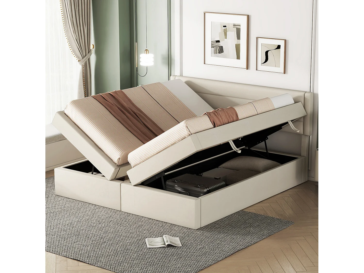 Lit coffre 180 x 200 cm avec rangement - tissu en lin - ouverture bilatérale - désign simple - beige