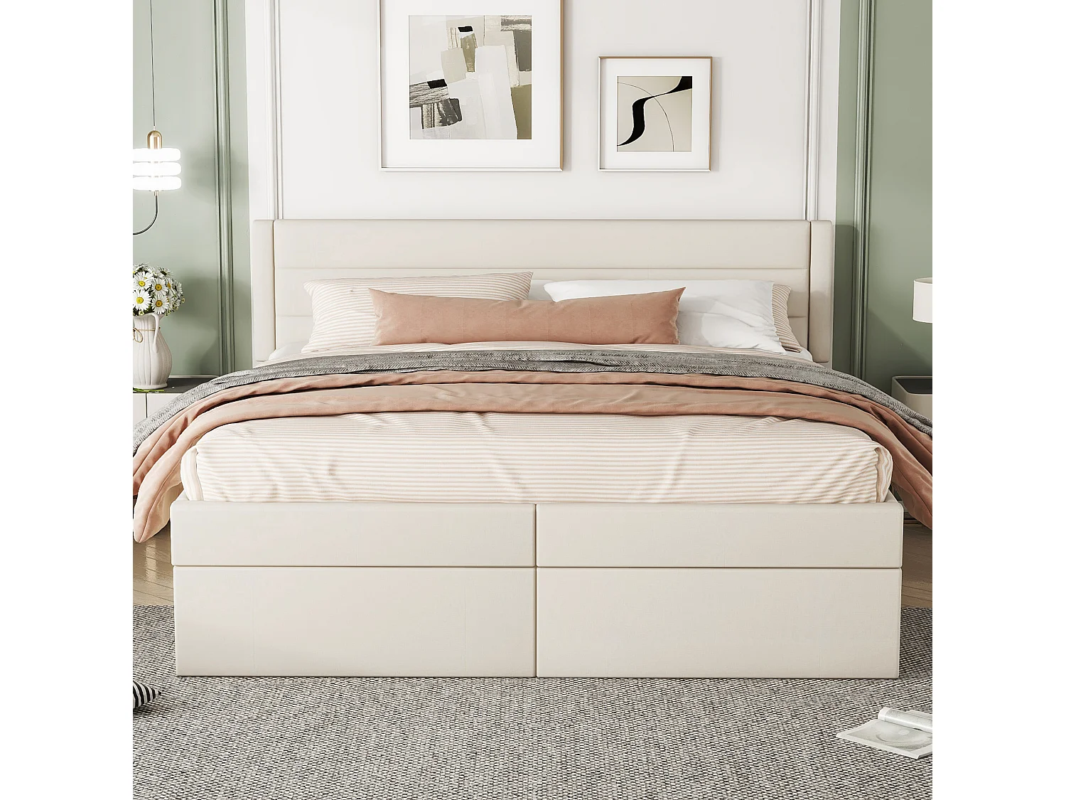 Lit coffre 180 x 200 cm avec rangement - tissu en lin - ouverture bilatérale - désign simple - beige