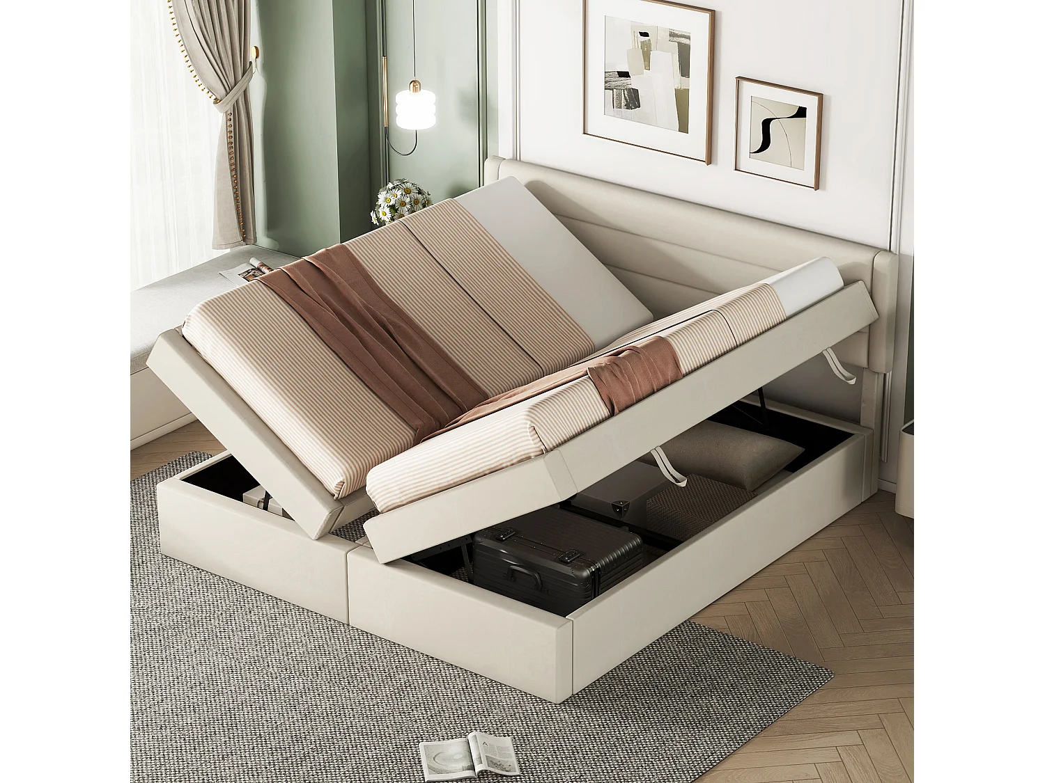 Lit coffre 180 x 200 cm avec rangement - tissu en lin - ouverture bilatérale - désign simple - beige