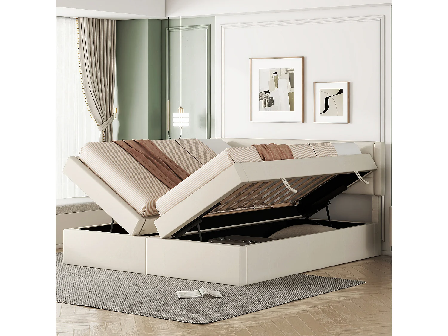 Lit coffre 180 x 200 cm avec rangement - tissu en lin - ouverture bilatérale - désign simple - beige