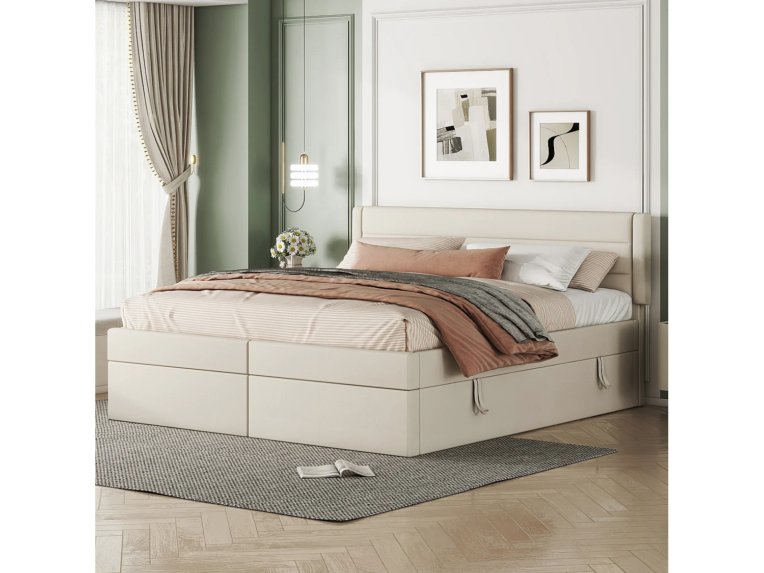 Lit coffre 180 x 200 cm avec rangement - tissu en lin - ouverture bilatérale - désign simple - beige