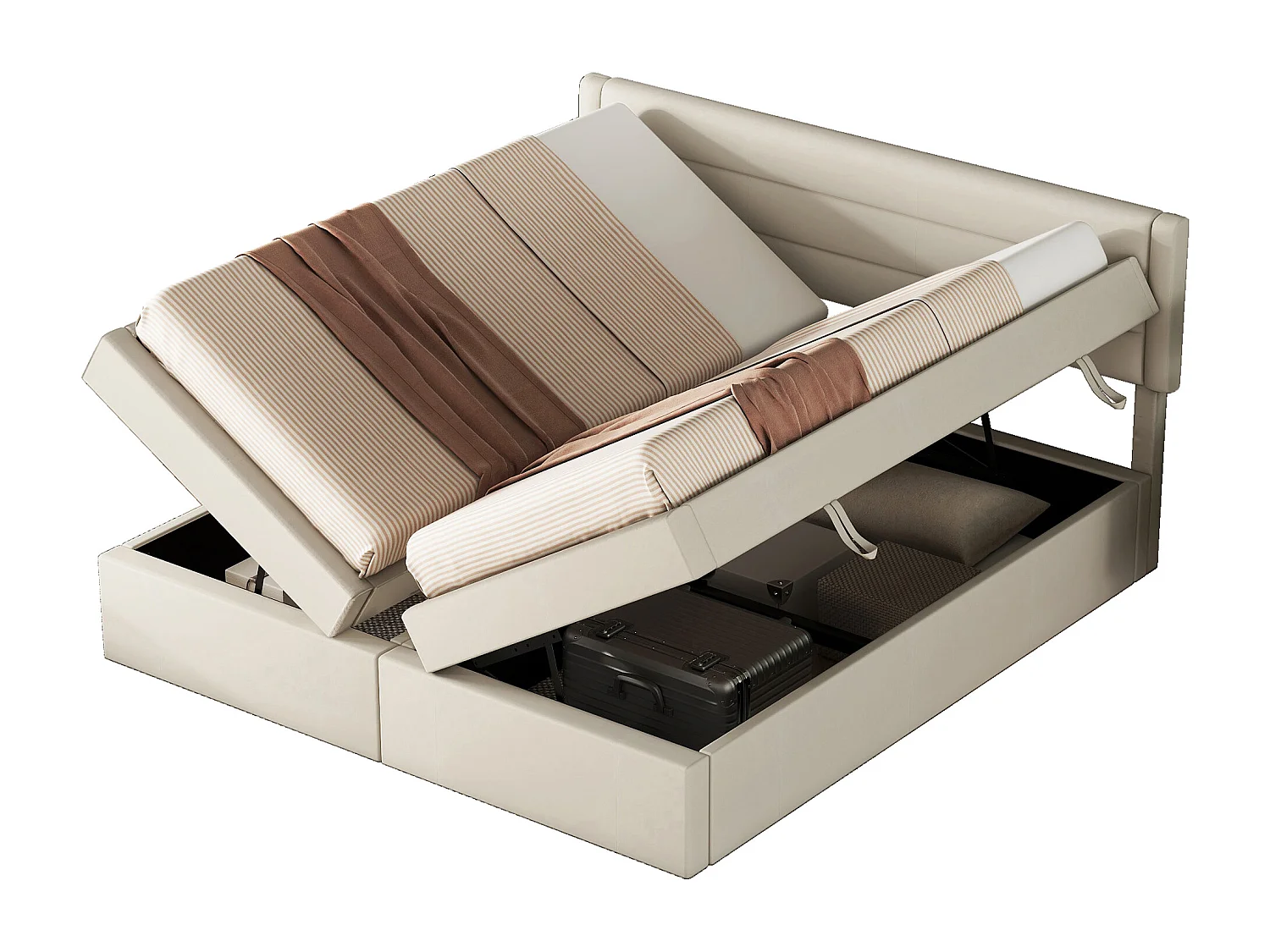 Lit coffre 180 x 200 cm avec rangement - tissu en lin - ouverture bilatérale - désign simple - beige