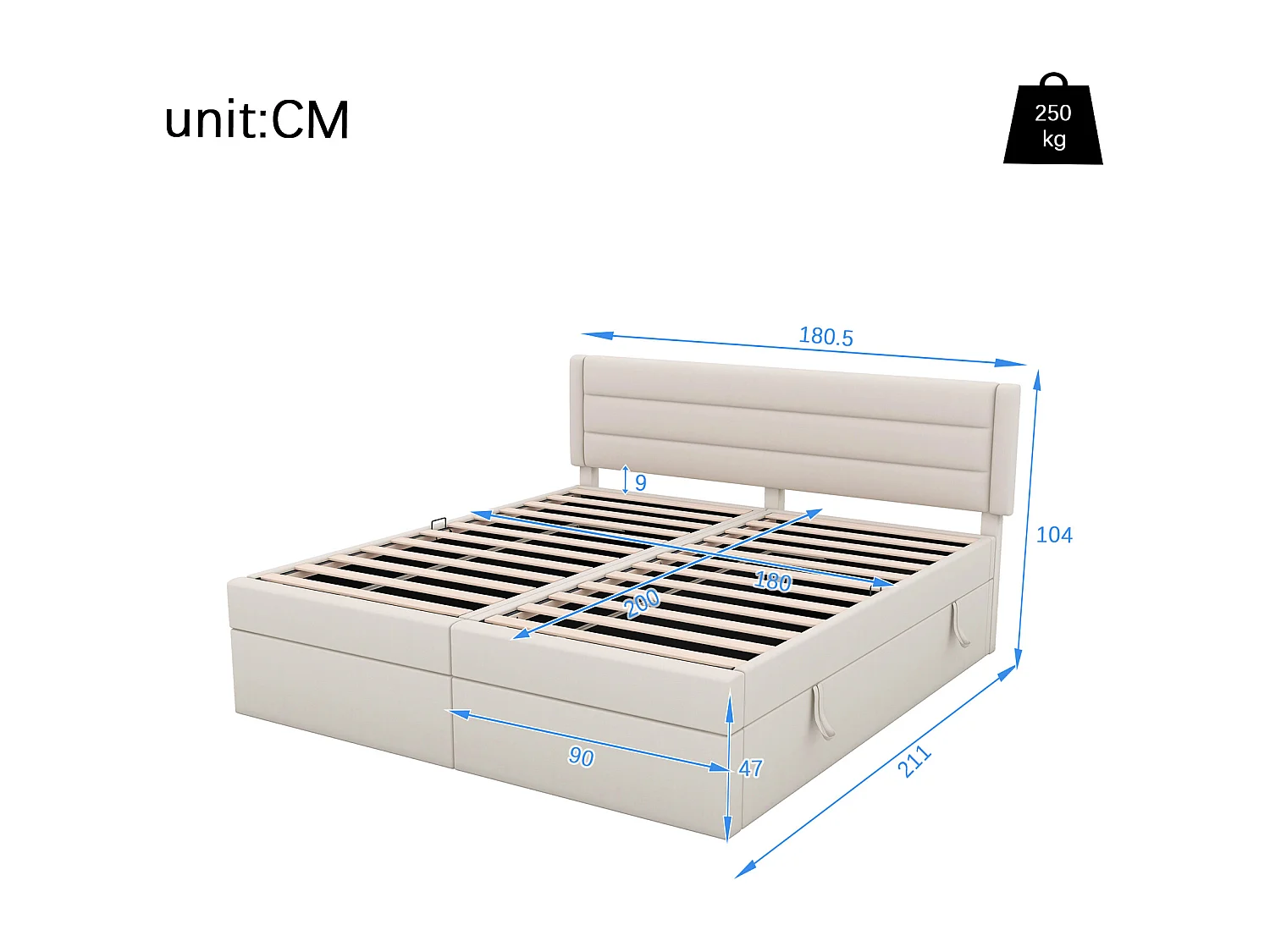 Lit coffre 180 x 200 cm avec rangement - tissu en lin - ouverture bilatérale - désign simple - beige