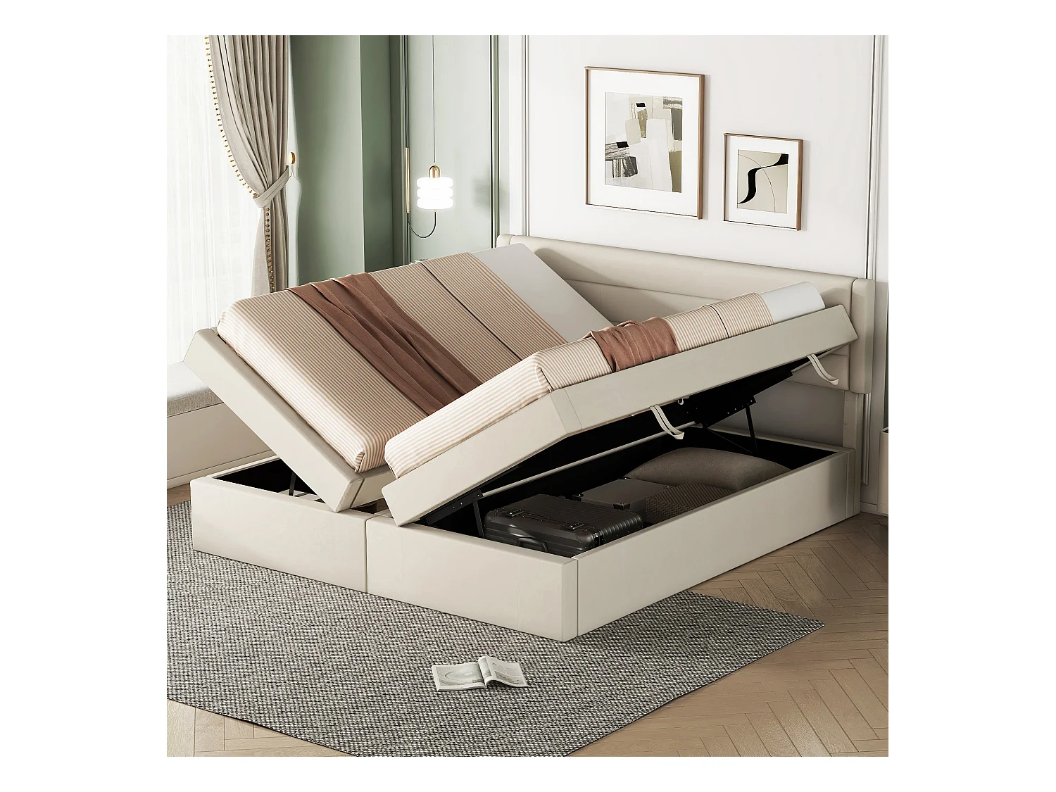 Opbergbed 180 x 200 cm met opbergruimte - linnen stof - bilaterale opening - eenvoudig ontwerp - beige