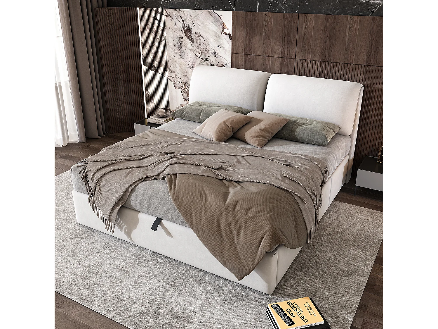 Lit coffre 180 x 200 cm pour adulte avec 3 triroirs - tissu en velours - sommier inclus - blanc