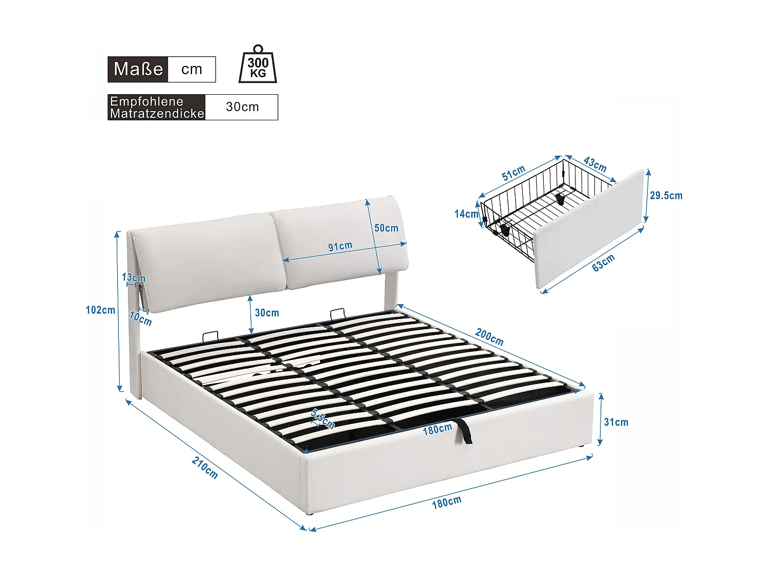 Lit coffre 180 x 200 cm pour adulte avec 3 triroirs - tissu en velours - sommier inclus - blanc