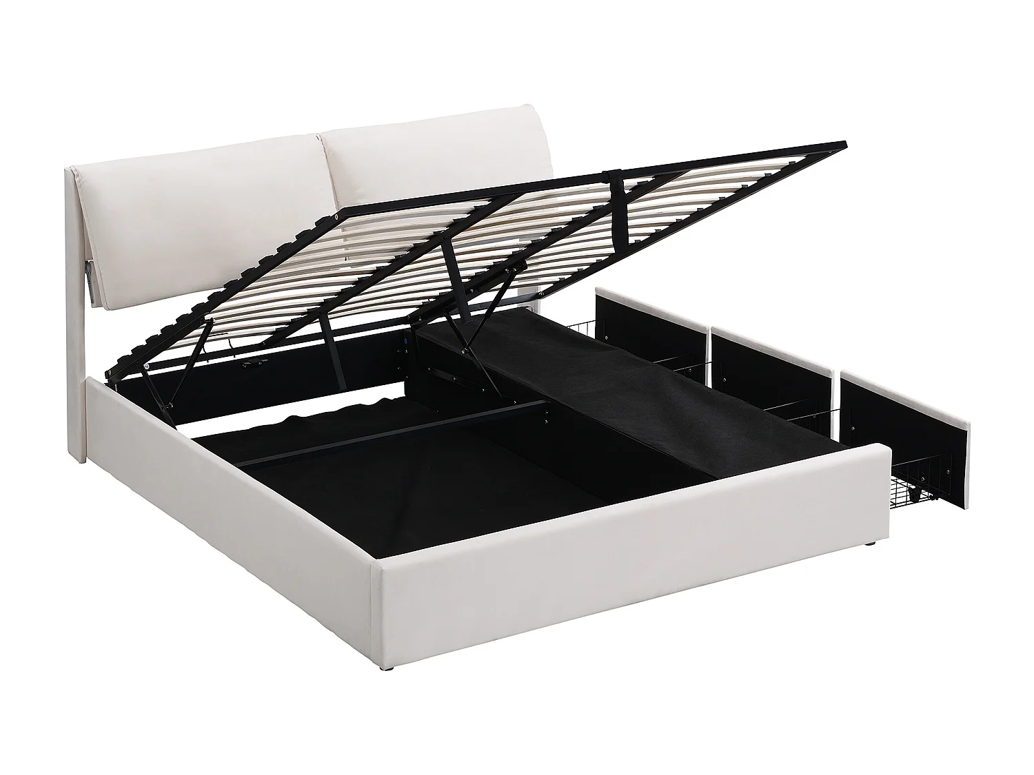 Lit coffre 180 x 200 cm pour adulte avec 3 triroirs - tissu en velours - sommier inclus - blanc