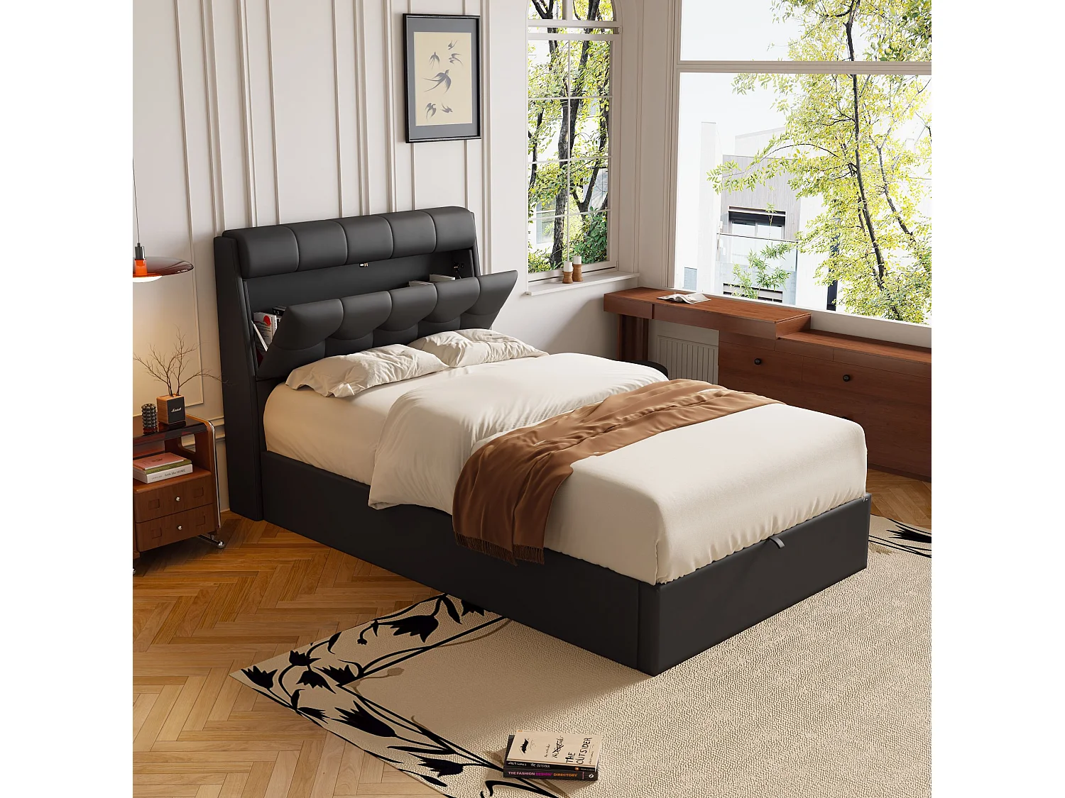 Lit coffre élégant 90 x 200 cm - étagère tête de lit dissimulée - similicuiir - sommier à lattes - noir